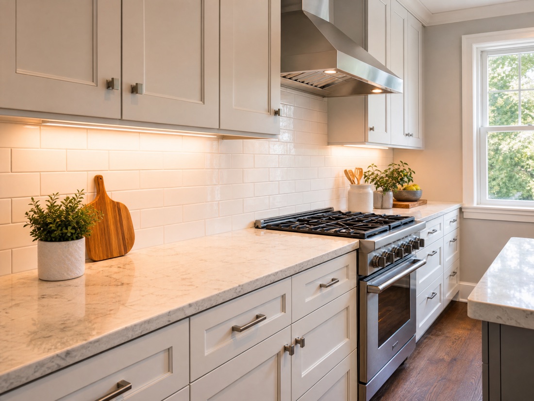 After: modern white subway tile backsplash installed by North Standard