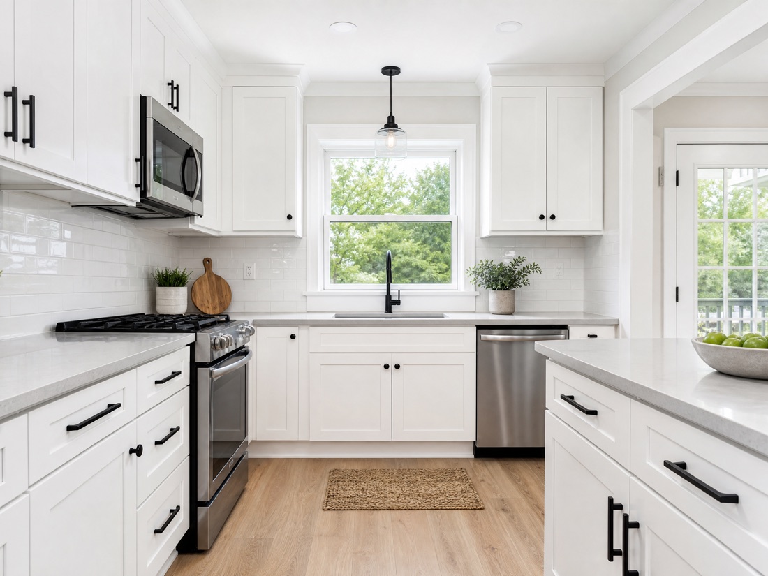 After: freshly painted crisp white kitchen cabinets by North Standard